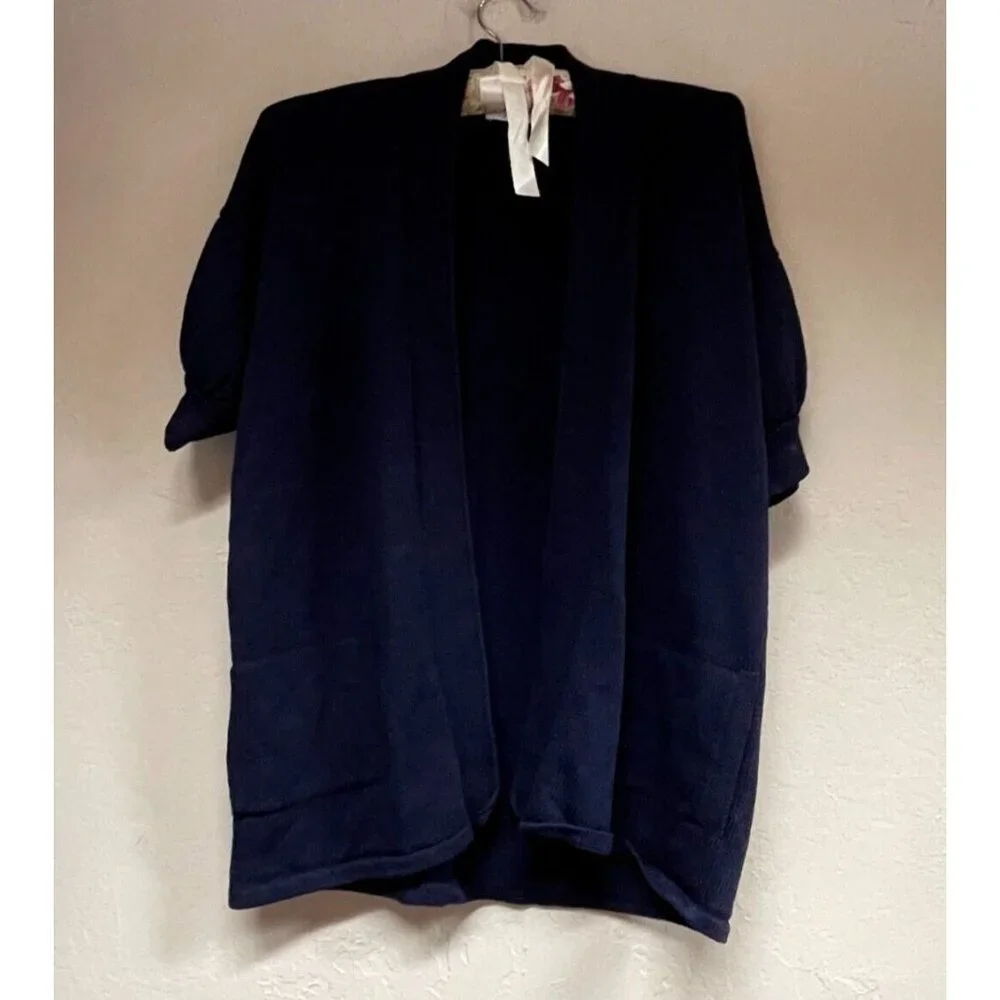 Vintage Wayne St. John Small Navy Open Short Sleeve Cardigan Sweater Santana Kni